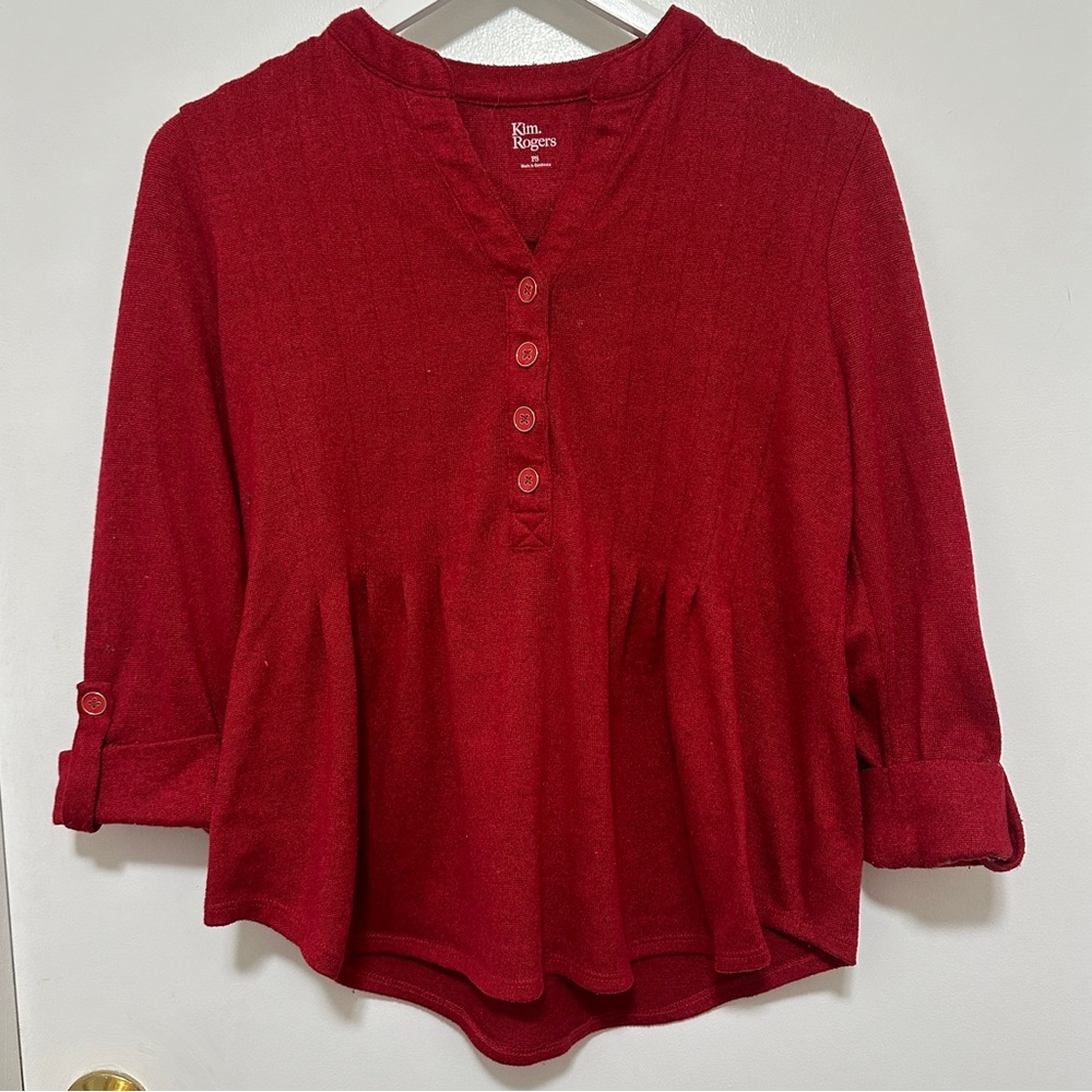 Kim Rogers Red Henley Women’s Sweater 3/4 Sleeve Size PS